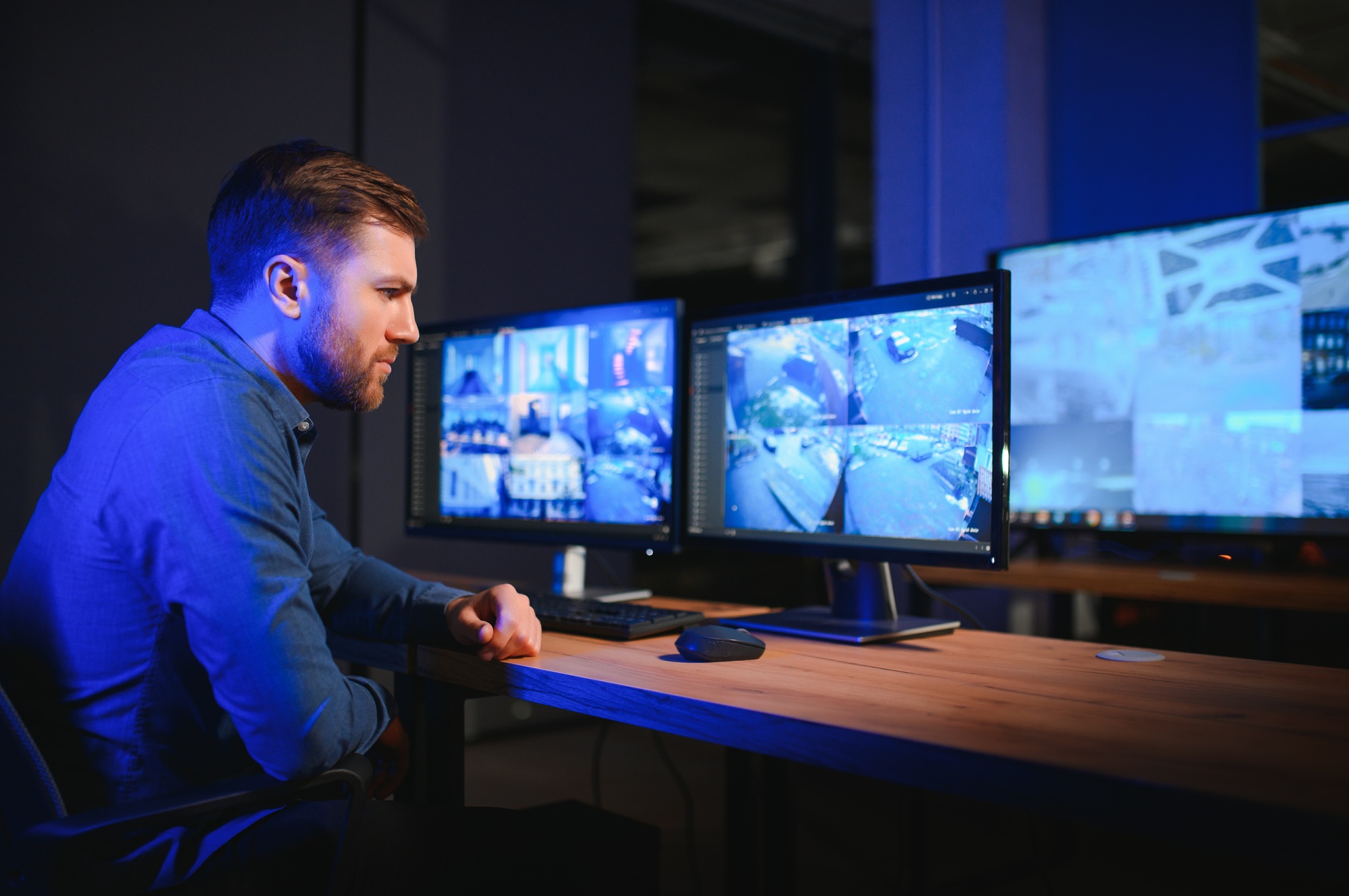 Security operator controls CCTV cameras in office at night.